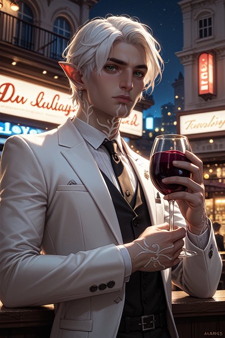score_9, score_8_up, score_7_up,
<lora:DA2Fenris:1.0>
DA2Fenris, 1boy, white hair, green eyes, white tattoo, pointy ears, looking at viewer, at an upscale rooftop bar, wearing a tailored blazer, city lights twinkling below, holding a glass of wine, sophisticated and urban atmosphere