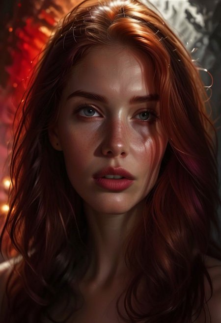 bold shadows, abstract touch, close up photograph ,hyper realistic black and white portrait of redhead Ariel, piercing light gaze ,three quarter position and plunging view, sampaguitajay style, organic background, in the style of realistic usage of light and color, red and purple light layer, red touch matte painting, rubn maya, bold shadows, marvel comics, wifredo lam, dimensional layering, jessie arms botke black and white portrait of  Ariel, in the style of realistic usage of light and color, chiaroscuro, rubn maya, , marvel comics, wifredo lam, dimensional layering, faded grey background, shoot with Nikon D750, jessie arms botke , red and purple light laye