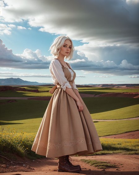 (worm's eye:1.4), (Sn0frid_v1, white hair:1.3),  medium bosom, (style of Dorothea Lange) rugged frontier homestead woman, 1800s Montana, linen blouse, long skirt, apron, practical sturdy boots, earthy tones, natural fibers, rustic charm, sepia-toned aesthetic, arid golden prairie, wooden cabin, wildflowers, cracked soil, farm tools, weathered textures, sun-dappled lighting, determined expression, confident pose, wind-tousled hair, (dramatic clouds:1.2), vast open landscape, vintage authenticity, pioneering spirit ,