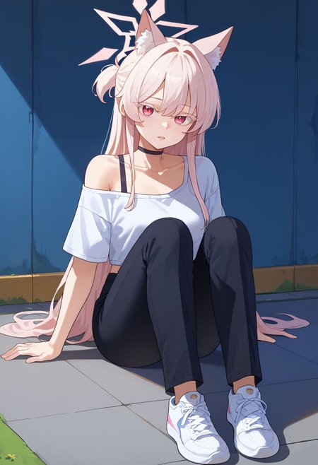 score_9,score_8_up,score_7_up,<lora:kiyosumi_akira_blue_archive_pdxl_goofy:1>akiraBa, akiraBa, 1girl, black pants, parted lips, pink halo, black choker, white footwear, white shirt, sitting, looking at viewer, shoes, sneakers, alternate costume, colored eyelashes, short sleeves, collarbone, midriff peek, off shoulder,white hair,