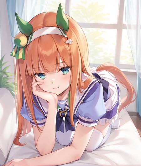 score_9, score_8_up, score_7_up BREAK
tracen_uniform, 1girl, solo, long hair, looking at viewer, blush, smile, bangs, skirt, shirt, hair ornament, thighhighs, bow, animal ears, closed mouth, school uniform, green eyes, tail, short sleeves, pleated skirt, hairband, serafuku, puffy sleeves, indoors, miniskirt, blunt bangs, bowtie, sailor collar, orange hair, white thighhighs, puffy short sleeves, zettai ryouiki, window, no shoes, white skirt, horse ears, frilled skirt, curtains, all fours, horse girl, horse tail, white hairband, purple shirt, sailor shirt, tracen school uniform, summer uniform, ear covers, 
<lora:silence_suzuka-ponyXL:1>,