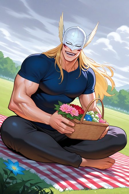 realistic shading, natural lighting, expressive happy face, male focus, gerardblch, blonde_gerardblch_long hair, white-yellow_gerardblch_winged helmet, black_gerardblch_vine-leaf circlet, red_gerardblch_facepaint, closed eyes, 1boy, looking at viewer, wide smile, shiny skin, holding picnic basket, flowers in picnic basket, white flower, green flower, pink flower, blue flower, red flower, shirt, pants, day outdoors park, sitting on picnic blanket, indian style, grass, cloudy sky, surreal, symbolic background, shadow, foreshortening, dutch angle, dynamic angle, dynamic action, intricately detailed illustration, cinematic, depth of field, atmospheric perspective, masterpiece, best quality, amazing quality, very aesthetic, absurdres, newest, anime screencap