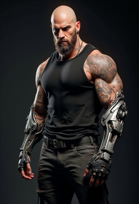 Cyberpunk realistic professional photo in recypu style.

A muscular, bald man with a gruff, weathered appearance. His skin is tanned, and he has a full beard and mustache. The man is dressed in a black, sleeveless tank top and dark gray, slightly wrinkled pants. He wears black fingerless gloves and a black wristband on his left arm, which is heavily tattooed with intricate designs. His right arm is covered in a complex, cybernetic prosthetic, featuring multiple mechanical parts and a large, rectangular display panel that appears to be displaying various readouts.

The man has several facial piercings, including a large ring in his left eyebrow and a smaller stud in his right eyebrow. He also has a small, circular tattoo on his left cheek and a larger, more detailed tattoo on his right shoulder. His expression is stern, with a slight scowl, suggesting a tough, no-nonsense demeanor.

The background is a solid, dark gray, which contrasts sharply with the man’s skin and clothing, making him the focal point. The lighting is soft yet directional, casting subtle shadows that highlight the textures and contours of his physique and clothing. The overall style of the image is realistic yet exaggerated, emphasizing both the man's physical strength and his
