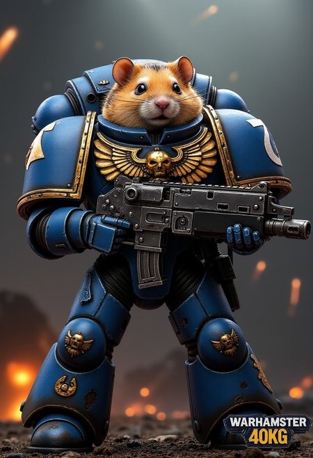 An Ultramarine torso clad in majestic, battle-scarred blue power armor, featuring the iconic gold Aquila and Ultramarines insignia, paired with massive pauldrons and intricate details. His head is that of a photorealistic (hamster:1.1) with detailed fur, whiskers and large beady black eyes. It contrasts absurdly with the seriousness of the armor. In his oversized armored gauntlets, he clutches a massive, futuristic rifle that's comically too serious for his cheerful demeanor.
The background shows a grim dark battelfield with explosion craters on an alien planet and falling meteors.
At the bottom of the image, there is a text that says "WARHAMSTER 40KG" in the usual warhammer 40k logo