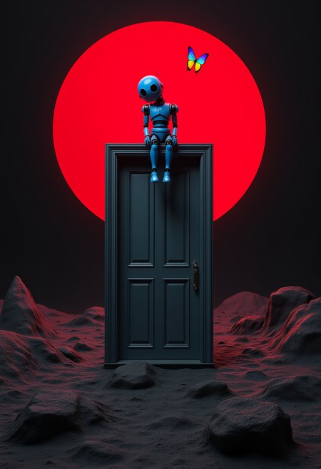A door floating in mid-air within a Black and Red Surrealist landscape.

A blue robot sit on the door.

A rainbow-colored butterfly flies over the robot's head.

HD32K, hyperdetailed, best quality,

aidmaMJ6.1,