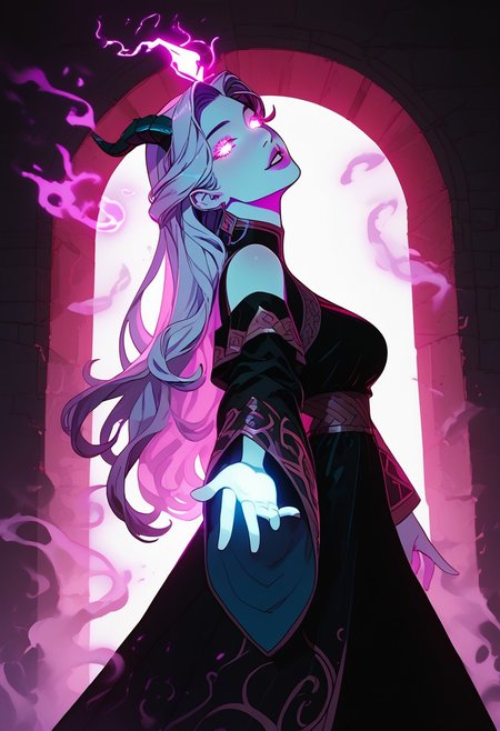 view from below, score_9, score_8_up, semi-realistic, fantasy style, 1girl, (very pretty woman), innocent sinister, dark pink purple cyan wild hair, (glowing neon white eyes), purple skin, bare shoulders, exquisite black lace intricate gilded robe, epic horns, flat expression, parted lips, fangs, dragon priestess, demonette, medium breasts, looking at viewer, tilted head, beautiful, twisted, feminine, dynamic, (swirling corrupted magic energy), shaft head tilt, full body shot, pink purple cyan, energy, magic, intense, epic, masterpiece, beautiful, terrifying