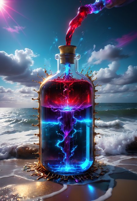 iccircuitart,red, purple , sky blue theme,highly detailed image of a magical potion bottle leaking out into the ocean, delicate, beautiful, extremely high quality image, HDR, fantasy, photo  Centered in Perfect Composition, Complex Details Showing Unique and Enchanting Elements, Very Detailed Digital Painting, Golden Ratio, Dramatic Lighting, Very Realistic, <lora:iccircuitart:1>