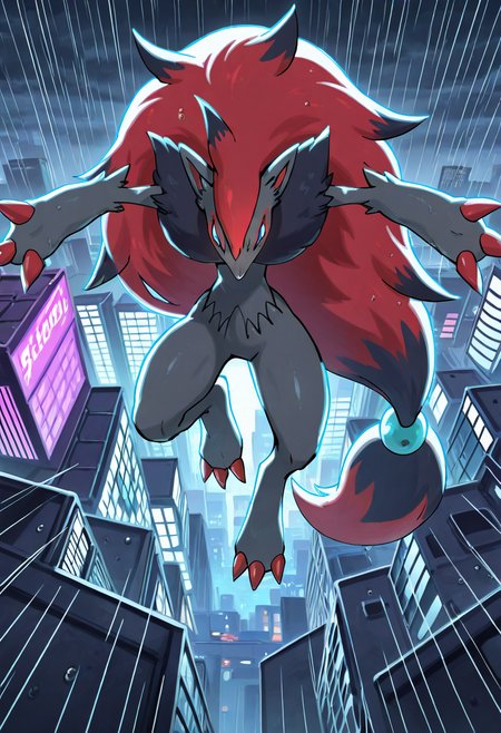 masterpiece, best quality, no humans,    <lora:ZoroarkPokedex_IXL_v1:1.0>,   zzZoroark, city rooftop at night, arms spread, rain falling, neon reflections, dramatic backlight â On a rain-slick rooftop bathed in neon glow, zzZoroark spreads its arms wide, catching the downpour on its open palms. Thunder rolls across the skyline, and streaks of electric blue and crimson ripple through puddles at its feet as the city pulses below.