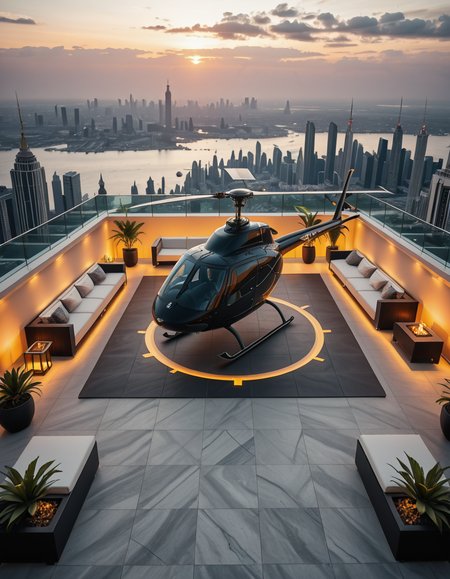A high-resolution photo of a luxurious rooftop of a five-star hotel at sunset, featuring a sleek helipad with a high-end, matte-black private helicopter elegantly parked. The rooftop is designed with ultra-modern architecture, featuring a spacious terrace with infinity-edge glass railings, ambient lighting, and a panoramic city skyline in the background. The surface of the helipad is clean, polished concrete with clear illuminated markings. Surrounding the helipad, there are lounge areas with modern outdoor furniture, minimalist fire pits, and decorative planters with tropical greenery. The lighting is warm and golden, casting soft shadows and highlighting the contours of the helicopter and the textures of the rooftop. The sky is dramatic, painted with hues of orange, pink, and violet, creating a cinematic atmosphere of luxury and exclusivity. The overall mood is elite, calm, and aspirational, showcasing the ultimate in urban luxury lifestyle.
<lora:SDXLFaeTastic2400:0.4> <lora:extremely_detailed:0.4> extremely detailed,helipad r00ft0p <lora:helipad_r00ft0p-i:1>, Masterpiece,best quality,hi res,8k,hi res,8k,award winning,(sharp focus, intricate, highly detailed),