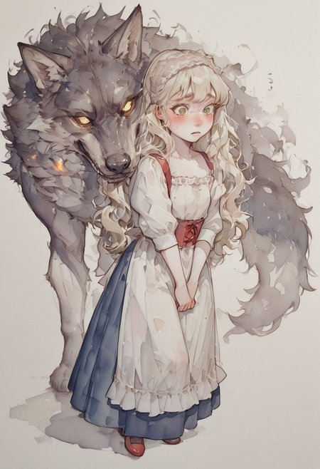 ( watercolor):2, (pastel colors), high detail, (lineless:1.2), (realistic), detailed, depth of field, dynamic lighting, masterpiece, detailed_eyes, high_quality, best_quality, highres, (muted colors), pencil lines,

in the foreground stands a girl, lovely, tender, blush, white skin, green eyes, full lips, light hair, very long hair, lush hair, wavy hair, lace headband in hair, blush, thick eyelashes, Victorian girl,
white shirt with square neckline, red corset with straps, blue skirt, white apron, presses hands to chest, scared,
behind the girl's back is a terrible wolf, with burning eyes, bared mouth,
white background,
full body,