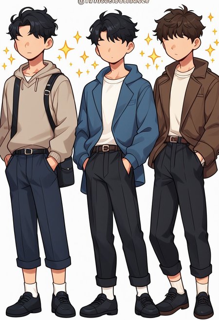 pants, black footwear, black pants, male focus, jacket, shoes, white background, belt, black hair, sweater, multiple boys, socks, sparkle, hand in pocket, bag, white shirt, simple background, short hair, shirt, white sweater, black bag, long sleeves, full body, standing, faceless, multiple views, shoulder bag, blue sweater, brown hair, blue jacket, , 3BOYS, thick outline, black outline, hoodie, cowboy shot, brown jacket, open clothes, no mouth, shorts