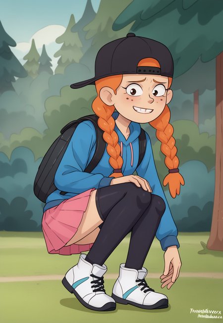 triplevexx, AmphiMaggie, orange hair, braid, twin braids, freckles, 1girl, solo, smile, baseball cap, backwards hat, long sleeves, pink skirt, pleated skirt, blue hoodie, hood down, backpack, black thighhighs, white footwear,