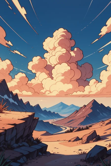no humans, sky, outdoors, cloud, scenery, mountain, day, desert, blue sky, cloudy sky, rock, landscape, sand, mountainous horizon,,, zPDXL3, detailxl,  Score_PnyReal,