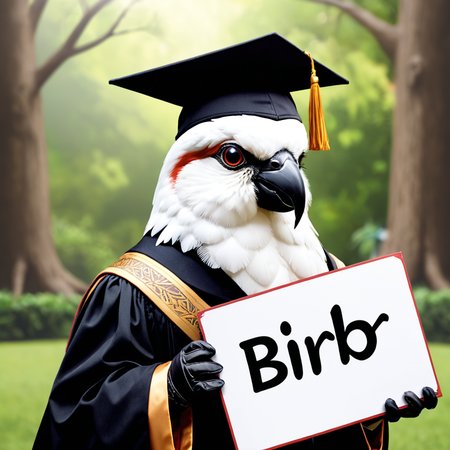bird professor, scholar cap, holding sign that says birb