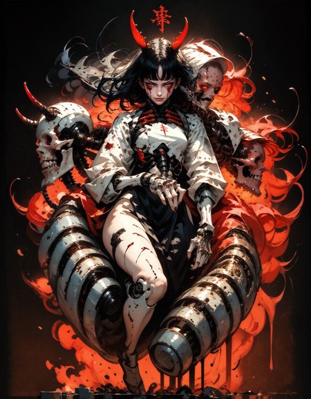 score_9, score_8_up, score_7_up, score_6_up, score_5_up, score_4_up,  (kanji, chinese characters, full body:1.2), demon, cyberdemon, black horns, black scales, fiery glow, embedding:zPDXL, 1girl, action pose, (evil smirk:1.2), launching, solo, breasts, very long hair, bangs, simple background, black hair, red eyes, black cloth, bloody eyes, closed mouth, weapon, black, evil, horror, small breasts, (blood:1.1), blunt bangs, medium hair, wide hips, thighs, floating hair, black background, science fiction, android, cable, mechanical arms, cyborg, robot joints, mechanical parts, tube, spine, red trim