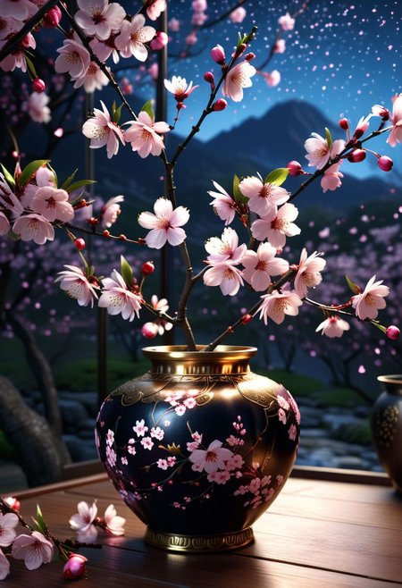 (((masterpiece))),best quality, extremely detailed CG unity 8k, complex pattern, a magic small cherry blossom shine in night in a vase, promotional campaign, winning photo, professional