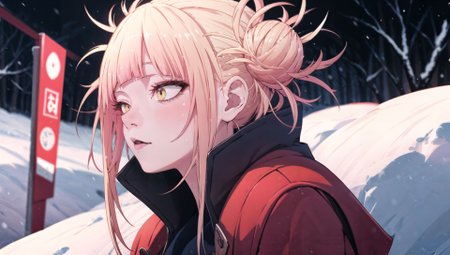 1girl, snowstorm,  dark forest, snow, snow falling, winter, night, dark, amazing background, blond hair, stands in the center, Best Shadows, red winter jacket, warmly dressed, without a hat, (perfect hands:1.2), night, dark, (Solo:1.3),  <lora:TogaHimikoLoRA:1>, (realistic:1.3), epic realistic, detailed, 4k,