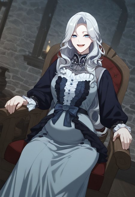 Score_9, Score_8_up, detailed background, night, pov, ruined tavern, Expressiveh, Character, zPDXL, 
1girl, Reneemacias, light blue eyes, grey hair, long hair,  Maternity wear uniform ,pregnant,
 Sit in a rocking chair,solo,living room,happy,