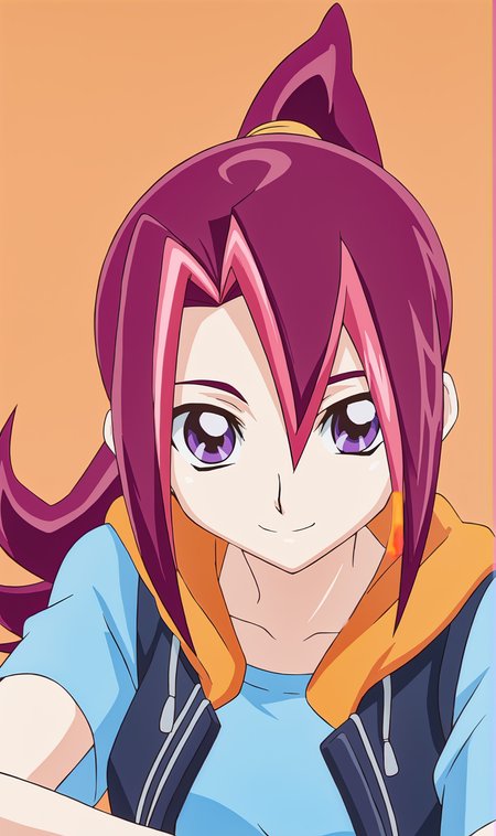 KT, 1girl, solo, pink hair, ponytail, purple eyes, hair tie, blue t-shirt, sleeveless hoodie, portrait, looking at viewer, smile, simple background, orange background,  <lora:Kari Tsukumo Pony XL:1>