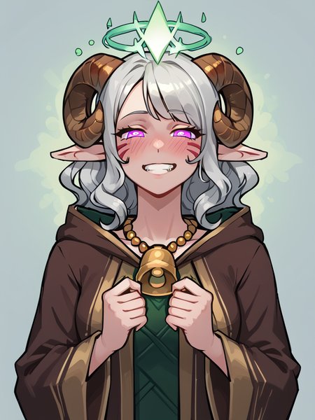source_furry, score_7_up, rating_safe, cowboy shot, gold necklace, tiefing, short pointed ears, brown horns, (a pair of brown sheep Horns that begin at her temples and curve back: 1.5), bangs, long silver hair long wavy hair, pale skin, <lora:whisker_markings:0.8>red whisker_markings ,short pointy ears, purple eyes, <lora:age_slider_v4:0.6>   medium breasts, skinny female, close up, silver hair, <lora:Tieflingnew weird fantasyDND:0.3> Tiefling, pointed ears, horns, <lora:Smooth Style 2 SDXL_LoRA_Pony Diffusion V6 XL:0.5> bell, robe, hood off,
 <lora:Crown_of_Madness:0.6> glowing crown, (green  light):1.2,   hypnosis, half-closed eyes, spiral:1.2, evil grin, embarrassed,