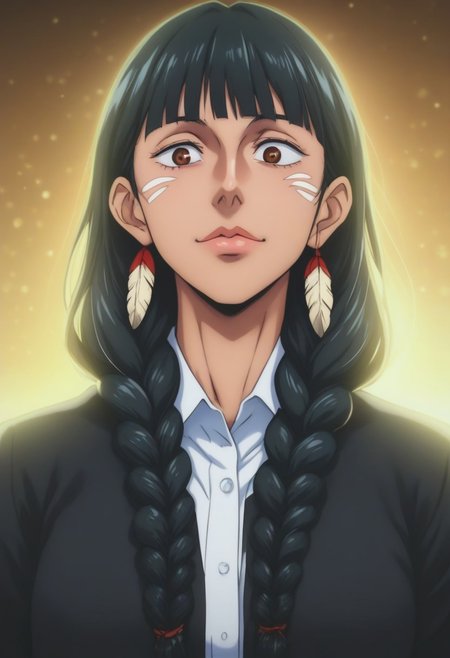 score_9, score_8_up, score_7_up, source_anime, intricate details, anime screencap, perfect balance, official art, extremely detailed CG unity 8k wallpaper, perfect lighting, Colorful, Warm_Front_face_Lighting, (masterpiece:1.0),(best_quality:1.0), ultra high res,4K,ultra-detailed, photography, 8K, HDR, highres, absurdres:1.2, Kodak portra 400, blurry background, bokeh, lens flare, (Anime) (vibrant_color:1.2), professional photograph, night, (cute_face:1.2), 2d, anime, upper body, intricate iris, American, Professional character design, 1girl, female focus, (Brown eyes), perfect eyes, (black-hair), Native American, Indigenous, American Indian, youthful, solo, jujutsu_kaisen_style, character portrait, (perfect-lighting), face, young, (Dark-black-hair), Long hair, (Native American), Indigenous, American Indian, (((wild eyes))), (Native North American), (Upturned eyes), (high cheekbones), (strong jawline), (Black Hair), ((((Native-American-Eagle-feather-braids, Native American Eagle feather accessories)))), (Black Cowboy Jacket), (((wild eyes))) ((Bobbed Bangs)) (((Slanted-Eyes))) (Psycho) (Happy) (Friendly) (Goofy) (Dark Black Jacket) (White Dress Shirt), (Warpaint), (Redwood Forest, Pacific Northwest Forests), (Inuit), (Tan skin), (Dark Skin), (Brown skin), (bobbed hair), White Eagle-Feather-Earrings, Thick Bangs, Bobbed hair, Bob-cut, White-Feather-Earrings, Brown-skin, Inuit Face-paint, Full-Bangs, Wide-Bangs, Thick-Hair, Native Face-paint, Slanted Eyes. Upturned Eyes