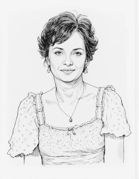 <lora:mig4v:1>, This image is a black-and-white line drawing, likely created with a pen or pencil, of, <lora:Dark_Ghibli:0.8>, masterpiece iconic portrait of pretty mature woman with black hair dressed white summer cotton dress,