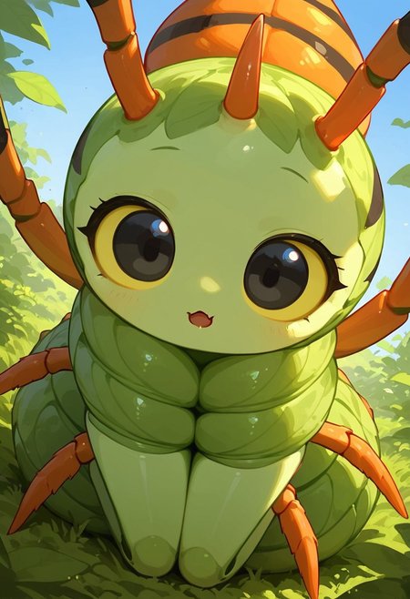 score_9, score_8_up, score_7_up, score_6_up, score_5_up, score_4_up, Expressiveh, (feral insect girl, feral caterpillar girl:1.2), full body shot, rearing up, perky breasts, green caterpillar, open mouth, cute, petite, (arms down at sides), single orange horn, (two-pronged horn), green body, leaves, looking at viewer, ((crawling, slithering, many legs:1.2), big bulbous head, long body, centipede legs:1.3), black eyes, (dilated eyes), yellow sclera, big eyes, outdoors, blue sky, sunny day, black stripes, (dutch angle, diagonal view)