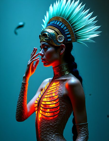mordern aztec princess wearing a avant-garde fashionable dress made of gold and truquoise fiber optic intricated network delicatly covering her beautiful and scuptural body like a second skin, a incandescent red light glowing from indise her rib cage, displaying her ribcage in chiaroscuro mode, wearing a traditional aztec hairdress of translucsent feathers, and a high fashion death mask made of thin and delicate porcelaine, the female mexican model poses indicates hight rank social class, aristocratic importance and empowerment of the aztec ruling class, superior female human being, tanned skin, turquoise traditional jewelry, reading data on her portable datascreen,   Framed in thick volumetric light. God Rays, diffused light, delicately, whispering, eye catching masterpiece artwork. drifting light particles, cracked light and smokey haze in floating threads finishes the dreamlike reality. The fusion of ancient aztec elegance and futuristic design creates a striking, harmonious balance of beauty, history, and innovation, hand up pose, (three quarter view:0), (from above:0.4), (dutch angle:0.4),cowboyshot, wind, looking away, midjourney_whisper_avant_couture, <lora:midjourney_whisper_avant_couture_v01:1>,