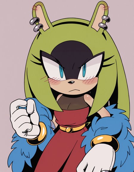 zPDXL, score_9, score_8_up, score_7_up, score_6_up, score_5_up, source_anime, 4k, absurdres, 1girl, solo, simple background,
<lora:TMoStH_v1:0.8> (tmosth), (flat color, black shading, sloppy coloring), (hatching \(texture\)), red dress, gold bracelets, white gloves, sleeveless, (hairband), long dress, blue feathers, feather boa, close-up, animal ears, yellow belt, bare shoulders, blush, <lora:Green_Quills:0.8> ((long hair:1.3, quills down:1.3, green hair:1.3)), see-through cleavage,<lora:Surge_v2mini_LoCon:0.6> surge the tenrec, (green fur), (black fur), two-tone fur, aqua eyes, black eyeshadow, long quills, shaded face, small breasts, animal ears, short tail