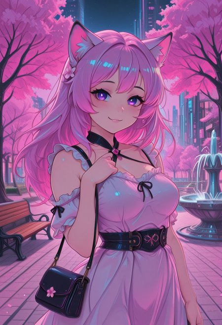 (masterpiece, best quality:1.3), pink hair, purple eyes, cat_ears, yandere, gentle smile, medium breasts, loving_gaze, looking_at_viewer, BehindCatgirl, CatGirlStyle, dress, city, outside, park, fountain, bench, CivChan, sakura, cherry blossoms, pinkneoncybercore, purse, cute, night