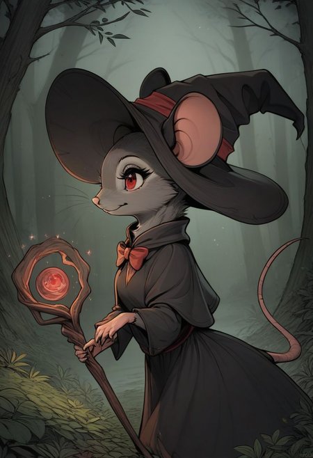 score_9, score_8_up, score_8, (solo), (solo:2), (fluffy:0.8), (feral), outdoors, furry, (((mouse))), female, red eyes, dark grey fur, black ears, claws, (fluffy cheeks:0.4), witch hat, (black dress), (magical staff), (cute:0.3), in the style of beatrix potter, cel-shading, fca style, forest, night,  (dark:1.5), backlit, (side view:1.3), (portrait, upper body shot:1.5), (magic:1.5)