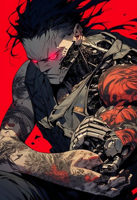 score_9, score_8_up, score_7_up, score_6_up, score_5_up, score_4_up, 
Sinozick, dark aesthetic, handsome man, long black hair, red eyes, red background, male focus, shirtless, mechanical parts, cyborg, red glowing eyes, neon lights background, cargo black pants, one mechanical eye, body tattoos, military lace boots, perfect light, fighting stance, futuristic city in background, neon lights