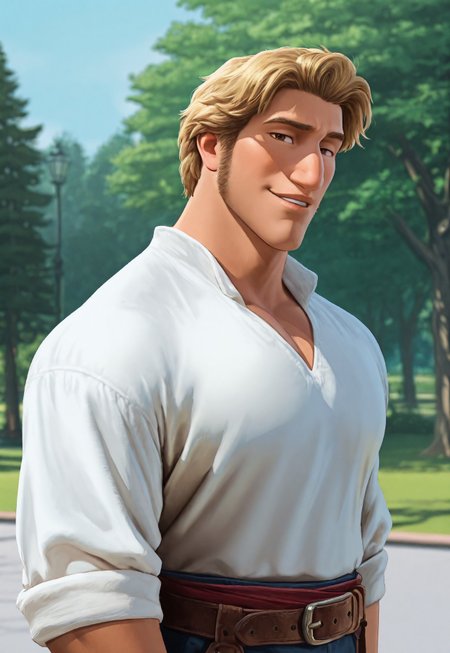 masterpiece, best quality, amazing quality, detailed background, intricate details, park, dynamic, cinematic, animated, anime realistic shading, solo, male focus, 1boy, handsome, j4c0b, blonde hair, brown eyes, sideburns, long sideburns, muscular male, upper body, white shirt, belt, belts, blue pants, sultry look, flirting with viewer, smug, parted lips, abstract background