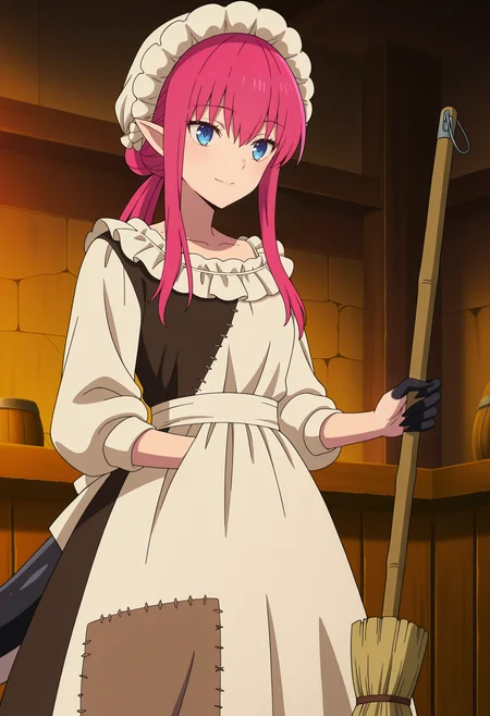 anime screencap, anime coloring, 1girl, blue eyes, long hair, pink hair, pointy ears, dragon tail, black claws, patchwork clothes, victorian maid, maid, victorian maid headdress, apron, indoors, tavern, holding broom, light smile  <lora:Liz_illus:1>, masterpiece, best quality, amazing quality, very aesthetic, absurdres, highres, newest