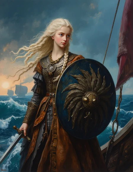 Masterpiece, high quality, Oil Painting, Classic Disney animated film scene of a fierce tween girl Viking warrior stands proudly on the deck of a massive Viking ship. She grips a finely crafted sword in one hand and a sturdy round shield in the other, both adorned with intricate Norse engravings. Her long, braided hair flows in the wind as she gazes into the distance with unwavering determination. Her skin is translucent white, eyes blue, and hair white blond. The ship, an imposing longboat with carved dragon heads, sails across stormy seas under a dramatic sky of deep blues and purples. The scene is illuminated by the golden glow of the setting sun, casting shadows over her battle-worn armor made of leather and chainmail. The atmosphere is epic and cinematic, capturing the raw strength and bravery of a legendary warrior. magical, perfect, intricate, wonderful, lovely, novuschroma, del1cate_balance style, in the style of Rembrandt. FS, vantablack <lora:style_of_Rembrandt_FLUX_135:.8> <lora:- Flux1 - vanta_black_V2.0:.6> <lora:Delicate_Balance:.3> <lora:neeeg_f1:-1> <lora:113_novuschromaFLX_1:.2> <lora:Former_Splendor:.4>