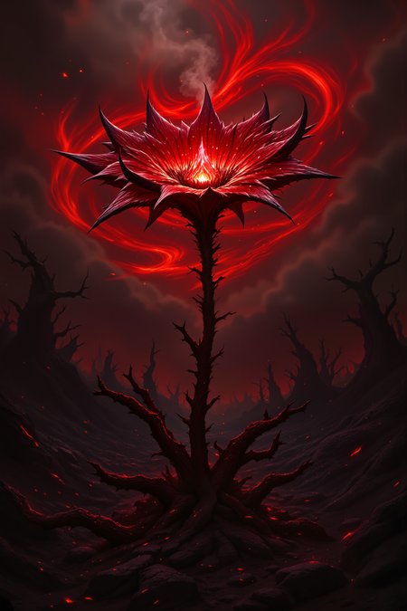 A demonic flower with razor-sharp petals emerges from cracked soil, its core pulsating with a fiery, hellish glow. Wisps of smoke rise from its edges as if it has just been scorched by an unseen flame. The background is a swirling mix of deep reds and blacks, giving the impression of an apocalyptic wasteland where only this monstrous bloom survives. Dark silhouettes of twisted trees stand like skeletal sentinels in the distance, their branches resembling grasping fingers., <lora:aidmaImageUpgrader-FLUX-V0.2:0.5><lora:PinkieFluxProUltraFantasia><lora:FluxDFaeTasticDetails:0.7>