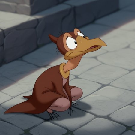 score_9, score_8_up, score_7_up, score_6_up, source_furry, Petrielbtv2, feral, male, Pteranodon, brown skin, black eyes, membranous wings, winged arms, squatting, arms between legs, head turned, stone floor,