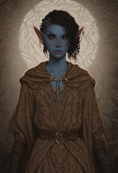 solo, short pointy ears, piercings, random elf face, aquiline features, androgenous dark elf, weathered skin, large nose, athletic build,  animated realism, zoomed out, Syrian features, torso, brass pipes and gears, intricate architecture, dwarven masonry, dwemer fixtures, white-green light, gloomy lighting, ancient ruins, interior, stone tiled floor, grey-blue skin, mahogany and ivory clothes, medium armor, bone plate armor, ivory straps and fittings, alien bone ornaments, grey wood neckguard, dark red sclera, black pupils, distant mushroom forest, blue-green light, neon, highly detailed, defined features, looking at viewer, three quarters view, from front, dynamic lighting, 18 years old, light and shadows, patterned cloth, annoyed expression, expressive eyes, detailed medieval clothes, small_breasts, short hair, wavy hair, thick hair, beaded hair, braided hair, under cut hair, semirealistic, alien elf, spanish features, jewish features, black hair, dark red hair, umber skin, sharp features, pastel green berber print cloak, nighttime, high detail, absurdres, pretty eyes, detailed eyes, yellow eyes,