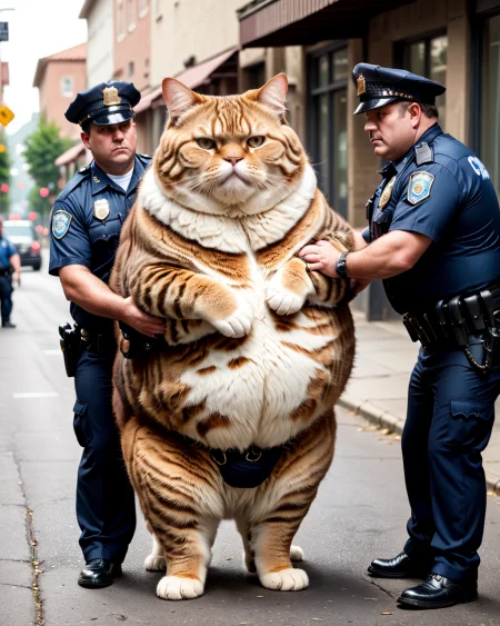 two laggard cops arresting ridiculously chubby enormous cat, 8k, RAW photo, best quality, ultrarealistic, ultra-detailed,  vignette, highly detailed, high budget, moody, epic, gorgeous, film grain
<lora:xl_real_beta1:0.5>
