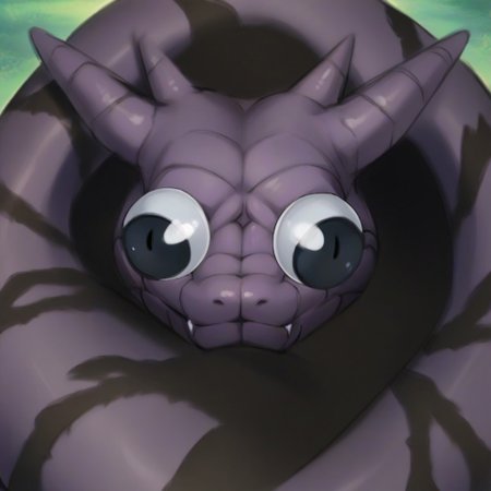score_9, score_8_up, score_7_up,  source_cartoon, cel shading, fca style, Naruto_Manda, snake, slit pupils, green eyes, purple body, body markings, black eye markings, 2 pair of horns, black belly scales,
googly eyes