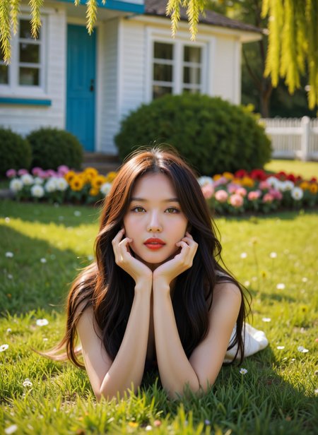 cinematic film still a young woman lying on the grass in a garden. She is wearing a white dress with a yellow clutch bag slung over her shoulder. Her long dark hair is spread out around her, and she is resting her head on her hands. She has a peaceful expression on her face and her eyes are closed. In the background, there is a tree and a house with a blue door. The garden is filled with colorful flowers and greenery. The overall mood of the image is serene and peaceful. <lora:add-detail-xl:.5>  <lora:Flux-style-xl-lora:.5>  . shallow depth of field, vignette, highly detailed, high budget, bokeh, cinemascope, moody, epic, gorgeous, film grain, grainy