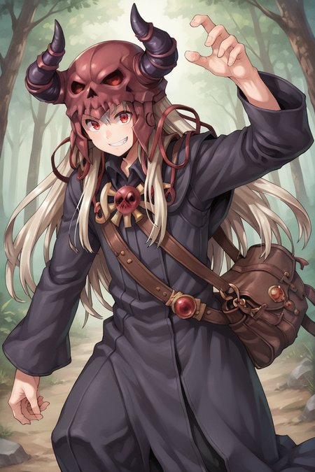 (score_9, score_8_up, score_7_up, score_6_up), source anime, BREAK, <lora:Necromancer:0.75> , necdef, 1boy, red eyes, long hair,  grey hair, horned helmet, skull brooch, collared robe, black robe, long sleeves, bag, looking at viewer, solo, standing, smile, (cowboy shot), action pose, dynamic pose, <lora:zy_Detailed_Backgrounds_v1:0.3> , detailed background, highly detailed, outdoors, forest,  <lora:90s4n1m3XLP:0.6> , 90s4n1m3,