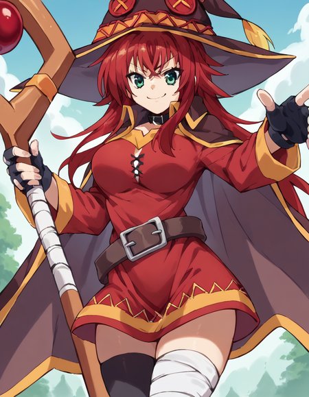score_9, score_8_up, score_7_up, source_anime, <lora:rias-gremory-ponyxl-lora-nochekaiser:1>, rias gremory, huge ahoge, long hair, hair between eyes, green eyes, red hair, large breasts, <lora:megumin-cosplay-ponyxl-lora-nochekaiser:1>, megumin cosplay, megumin (cosplay), thighhighs, gloves, hat, dress, black gloves, belt, black thighhighs, fingerless gloves, cape, collar, witch hat, bandages, red dress, single thighhigh, asymmetrical legwear, bandaged leg,, staff, holding staff, smug, outdoors, looking at viewer, cowboy shot,