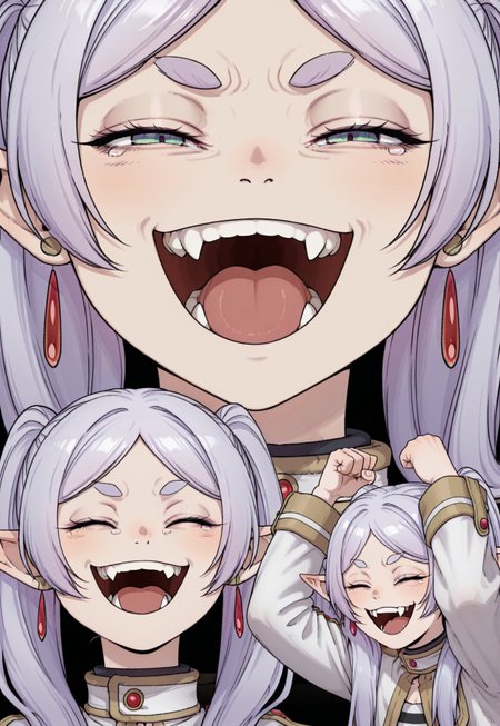 tomlaugh, 1girl, frieren, closed eyes, half-closed eyes, fangs, smile, laughing, open mouth, tears, v-shaped eyebrows, multiple views, projected inset, arms up, clenched hands,