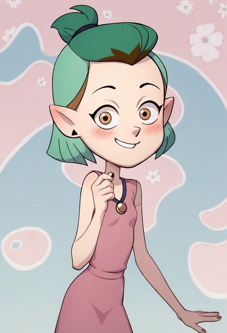 score_9,score_8_up,score_7_up, disney the owl house Amity Blight, sexy attire, 1 girl, green hair, medium hair, half updo happy face, blush, small breast , Expressiveh,   Pink one piece dress , Pink skirt , He's holding her skirt , Cheerful , She waves her skirt , Floral background