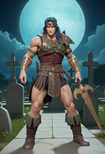 score_9, score_8_up, score_7_up, score_6_up, 1boy, male, muscular, (full body view:2), night, moon, graveyard, simon belmont, simonbel, green leather armor, jeweled headband, stylized green breastplate, gold accents, black leather shorts, stylized green loincloth, single pauldron, metal wristband, shoulder length blue hair, leather tassets, gray boots, holding sword