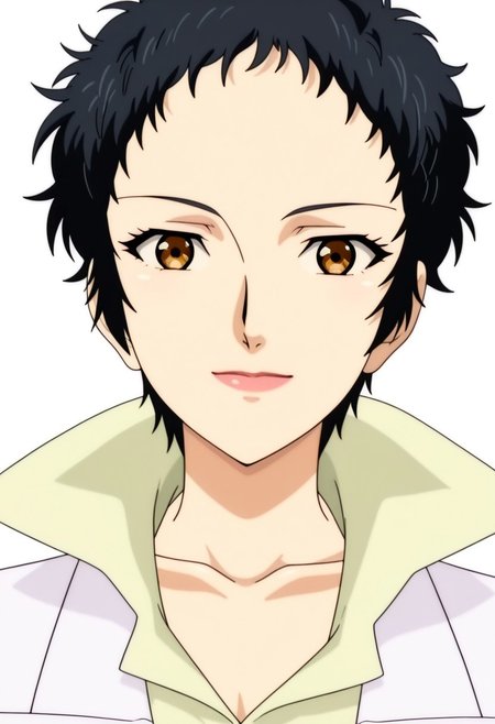best quality, masterpiece, anime screencap, anime coloring, ultra detailed, source_anime, intricate details, perfect anatomy, looking at viewer,
haskata ren, black hair, short hair, very short hair, brown eyes, simple background, white background,