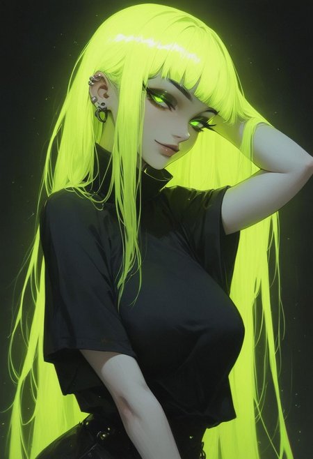 score_9, score_8_up, score_7_up, masterpiece, best quality, highly detailed, 1girl, pale skin, green eyes, thick black eyelashes, black eyeliner, dark eyeshadow, neon green hair, long hair, bangs, big breasts, oversized black t-shirt, ear piercings, looking at the viewer, bedroom eyes, seductive smile, g0thicPXL, glowing hair, glowing eyes, neon, arm behind head, arched back, dark background, cowboy shot