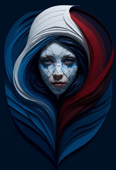 layered papercut, mysterious face, a native woman in artsy clothing, fading backlit background, (deep sea fading white to deep blue/red), alluring goddess, by Minjae Lee, Carne Griffiths, Emily Kell, Steve McCurry, Geoffroy Thoorens, Aaron Horkey, Jordan Grimmer, Greg Rutkowski, amazing depth, double exposure, surreal, geometric patterns, intricately detailed, bokeh,  perfect balanced, deep fine borders, artistic photorealism , smooth,  great masterwork by Suiras  <lora:add-detail-xl:2>  <lora:Double_Exposure:0.5>