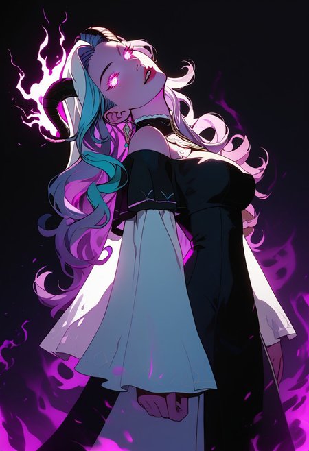 view from below, score_9, score_8_up, semi-realistic, fantasy style, 1girl, (very pretty woman), innocent sinister, dark pink purple cyan wild hair, (glowing neon white eyes), purple skin, bare shoulders, exquisite lace intricate gilded robe, epic horns, flat expression, parted lips, fangs, dragon priestess, demonette, medium breasts, looking at viewer, tilted head, beautiful, twisted, feminine, dynamic, (swirling corrupted magic energy), shaft head tilt, full body shot, pink purple cyan, energy, magic, intense, epic, masterpiece, beautiful, terrifying